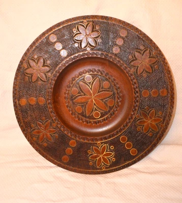 Vintage Rustic Large Wooden Wall Hanging Plate Hand Etched Inlaid Design Decor - Image 1 of 4