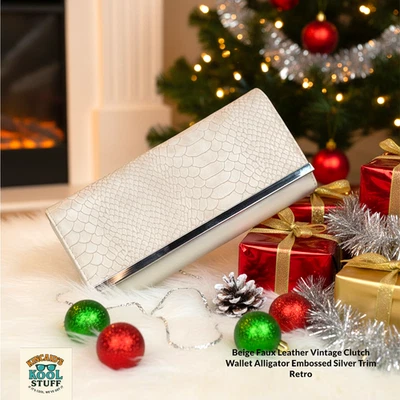 Cartera sin asas ribete plateado cierre a presión estampado de cocodrilo beige sin marca imitación cuero Foto 1 de 4