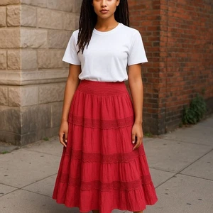 Old Navy Women’s Vibrant Coral Red Elastic Smocked Waist 3-Tier Maxi Skirt Sz-S - Picture 1 of 6