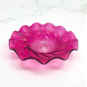 Vintage Cranberry Pink Art Glass Dish Bowl Ruffle Hand Blown 2.5"x9" - Picture 1 of 10