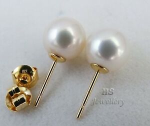 HS Japanese Akoya Cultured Pearl 10mm Stud Earrings 18K Yellow/White Gold Top
