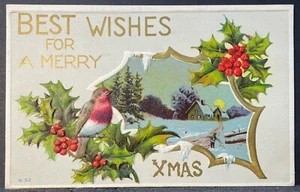 Postkarte gebraucht - Beste Wünsche für ein frohes Weihnachtsfest - Vogel mit Stechpalme und Bauernhof - Bild 1 von 2