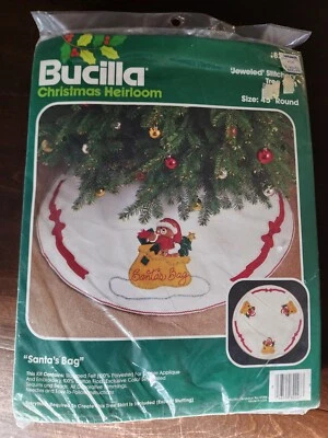 Vintage Bucilla "Santa's Bag" Jeweled Stitchery 45" Christmas Tree Skirt Kit - Image 1 of 2