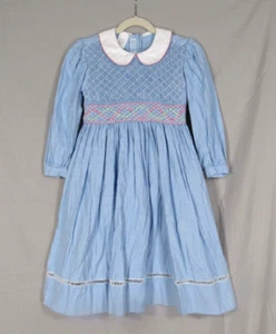 VIVE LA FETE Blue GINGHAM Cotton Twill SMOCKED Embroidered Detail CHURCH DRESS 4 - Picture 1 of 6