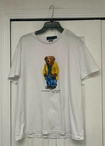 Polo Ralph Lauren White Signature Teddy Bear Yellow Rain Coat Jeans Tee TShirt L - Picture 1 of 5