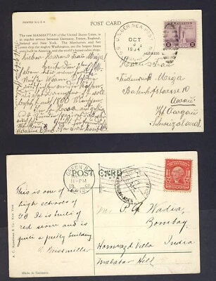 U.S. Two Shipmail Postcards .1908 to India,1934 to Switzerland - Image 1 of 2