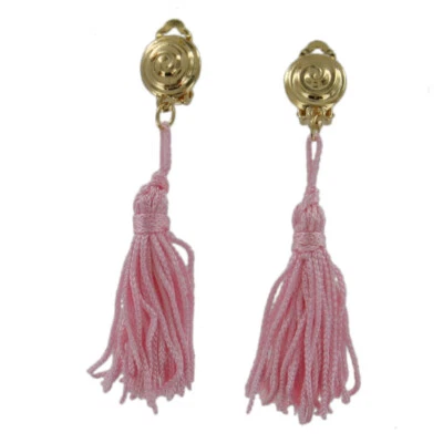 Light Pink Duster Tassel Dangle Clip On Earrings Gold Tone Swirl Upcycled 3 1/2" - Image 1 of 3