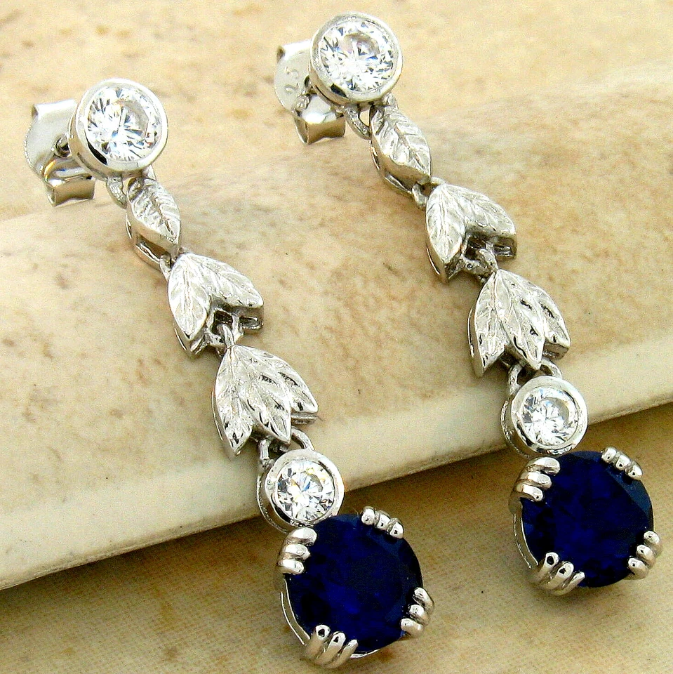 ANTIQUE STYLE 925 STERLING SILVER LAB-CREATED SAPPHIRE DANGLE EARRINGS      664X - Image 1 of 1