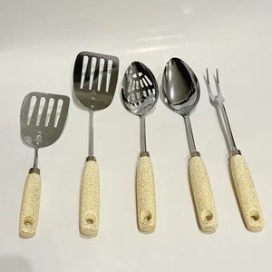 Vintage Ekco Utensils Yellow Glitter Wood Handles Fork Spatula Slotted Spoon MCM - Picture 1 of 18