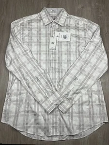 Bugatchi Uomo Shirt Mens Large Shaped Fit White Silver Geometric Flip Cuff NWT - Picture 1 of 11