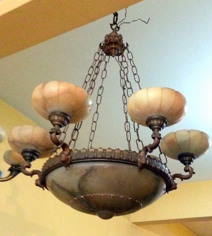 MARVELOUS ITALIAN 1900 BRONZE AND ALABASTER CEILING CHANDELIER 110 H X 85 CM Cover