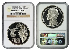 COLOMBIA 750 Pesos 1978 Silver NGC PF68 UC 'Conservation - Hummingbird' - Bild 1 von 3