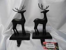 2 Reindeer Deer Metal Black Tone Christmas Stocking Holder Pair