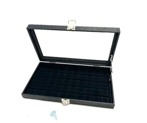 Black Key Locking Glass Top 50 Space Coin Jewelry Display Case with Lid Support - Picture 1 of 3