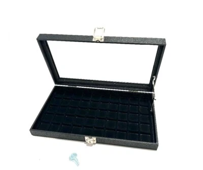 Black Key Locking Glass Top 50 Space Coin Jewelry Display Case with Lid Support - Image 1 of 3