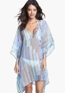 ECHO LIGHT WEIGHT SHEER BLUE BEACH SUMMER STRIPE DRESS KAFTAN COVER UP ONE SIZE - Picture 1 of 6