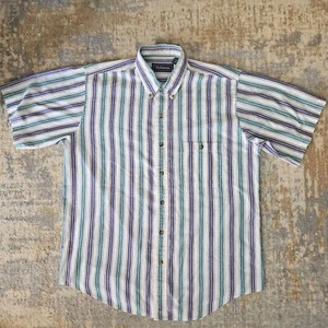 VTG Hathaway Men's Medium Striped Short Sleeve Button Up With Pocket 90s Style - Picture 1 of 4