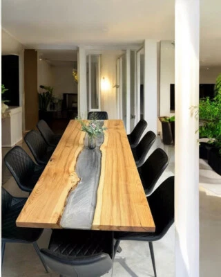 Custom Wood Gray Epoxy Resin Cafeteria Dining Table Handmade Hallway Furniture - Image 1 of 4
