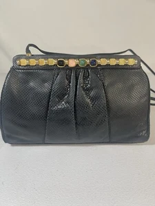 Vintage Judith Leiber schwarze Eidechse mehrfarbig Edelstein Top Clutch Handtasche - Bild 1 von 12