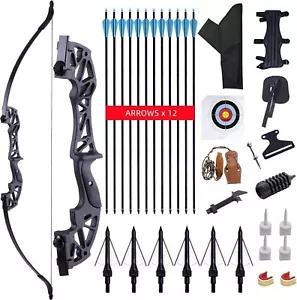 Recurve Bow and Arrow for Adults 12 Carbon Arrows Hunting Bow Set Longbows Arrow - Picture 1 of 12