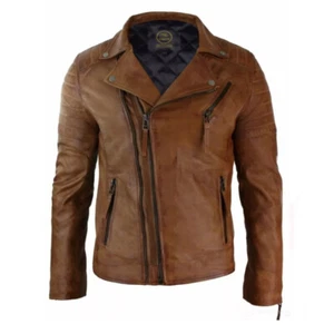 Mens Biker Jacket Cow Leather Casual Motorcycle Jacket Coat Soft Biker Style Fit - Picture 1 of 3