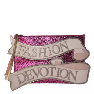 Dolce&Gabbana Women Pink Clutch Bag Leather Glitter Detachable Strap Small Purse