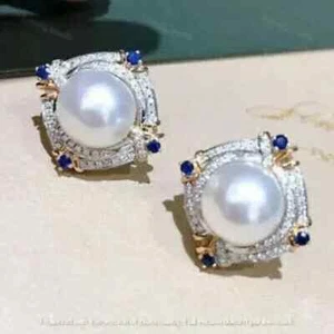 Natural Pearl 4.00Ct Round Cut Halo Vintage Stud Earrings 14K Yellow Gold Plated - Picture 1 of 6