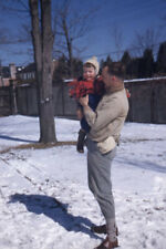 35mm Kodak Slide 1950s Red Border Kodachrome Man in Snow Holding Toddler Child