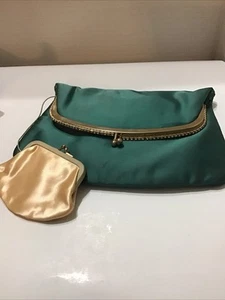 Mel-Ton Satin Green Clutch w/ Peach Coin Purse Rhinestone Trim Vtg - Picture 1 of 7