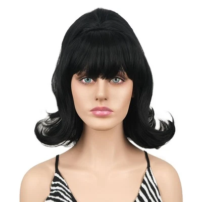 Pelucas cortas negras retro con flequillo Bouffant colmena pelucas años 50 80 disfraz hola... Foto 1 de 4