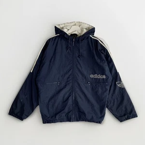 Giacca a vento Adidas Originals vintage anni 90 taglia XL blu trifoglio con cappuccio zip intera - Foto 1 di 11
