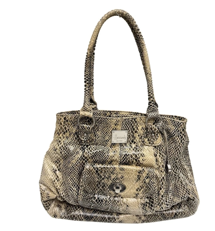 Harrods London Leather Snakeprint Handbag Tote Bag Women's Beige Black 10.5x15" - Image 1 of 4