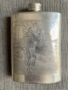 Vintage C. Currey Ltd Pewter Flask Golfer Chichester ENGLAND - Picture 1 of 6