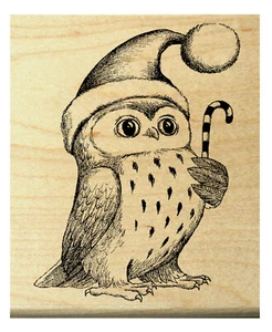 P29 Owl with Christmas hat Rubber Stamp WM 2.5x2"  - Picture 1 of 1