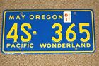 Vintage Original Oregon Pacific Wonderland 4S-365 License Plate Blue May 1961 61