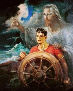 Warner Sallman CHRIST OUR PILOT 10x8 Art Print Jesus Young Man on Boat in Storm - Picture 1 of 2