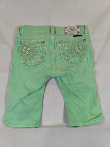 Miss Me Short Girls 12 Bermuda Floral Rhinestone Pocket Stretch Denim Neon Green - Picture 1 of 11