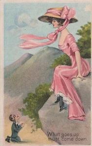Dame in Rosa sitzend auf Felsen um 1911 - Mann auf Knien - gebraucht/versandt - Bild 1 von 2