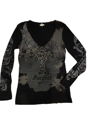 Top vintage Y2K gótico hada grunge alas cruzadas gráfico bling talla XL negro costilla Foto 1 de 4