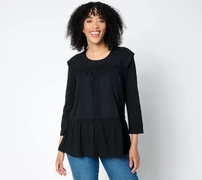 Top para mujer LOGO by Lori Goldstein talla M manga escote redondo mezcla de encaje negro A658934 Foto 1 de 4