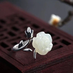 Anillos Flor Jade Natural Talismanes Vintage Plata 925 Rosa Joyería Real Amuleto - Imagen 1 de 5