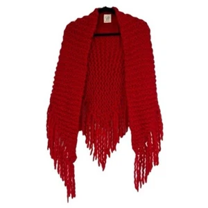 LOOPY MANGO 100% Lambswool Red Colorful Knit Fringe Shawl Poncho Sweater OS - Picture 1 of 6