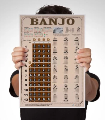 LAMINATED Banjo Chord Chart Poster Fretboard Rolls 5 String Chords Americana - Image 1 of 4