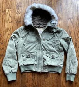 VTG Y2K Abercrombie & Fitch Military Jacket Womens Medium Olive Green Faux Fur - Picture 1 of 10