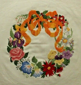 Wreath Cross Stitch Flowers Roses Daffodils Orange Bow Completed Finished #2 - Picture 1 of 2