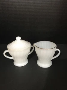 Vintage Anchor Hocking Fire King Milk white glass Sugar & Creamer Set gold trim - Picture 1 of 6