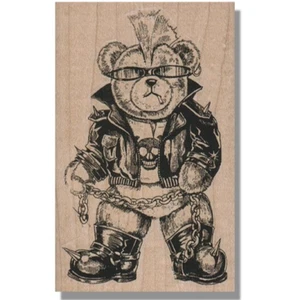 Wood Rubber Stamp, Large Motorcycle Bear, Funny, Animal,Skull,Bike,Glasses,Boots - Picture 1 of 2