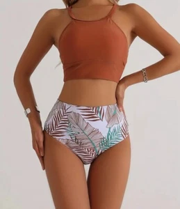 High Waisted Swimsuits Halter Bikini Set Two Piece Leaf Print Swimwear size L - Picture 1 of 10