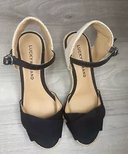 Sandalias Lucky Brand Cuñas Tela Kyndra Negras Bronceadas Blanco Correa al tobillo Peep 11 - Imagen 1 de 11