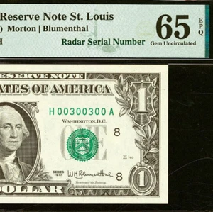 1977 $1 Federal Reserve Note PMG 65EPQ fancy radar serial number 00300300 - Imagen 1 de 3